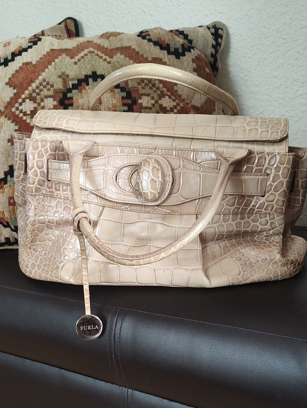 Vintage Furla Beige Croc-Embossed Top Handle Satchel with Branded Charm